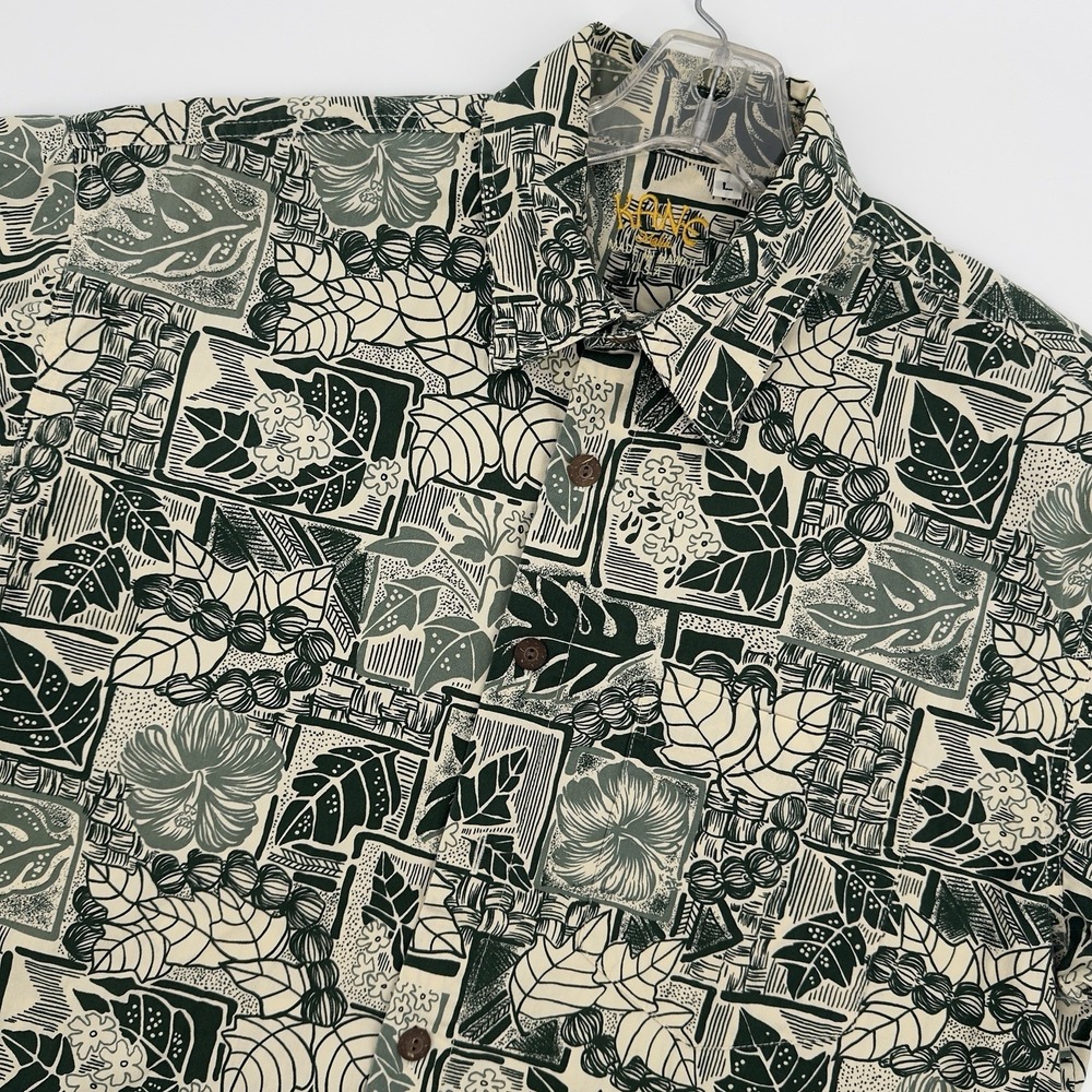 Kane Malia Hawaiian Shirt Men's L Green Tropical Aloha Button Up Made in Hawaii